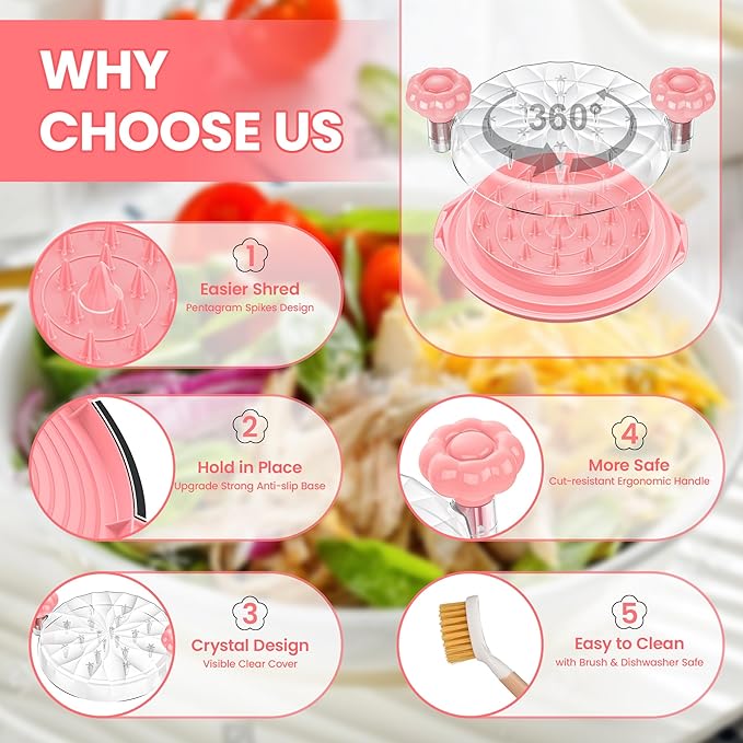 Chicken Shredder Tool Twist Large - 10'' Pro Meat Shredders for Chicken Breast,Visible Kitchen Gadgets Grinder Machine with Brush,Strong Anti-Slip Strip,Ergonomic Handle,BPA Free (Pink)