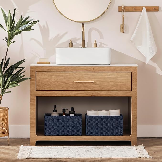joybest Medium Wicker Baskets for Shelves, 13.4L x 8.3W x 7.1H inch Hand-woven Storage Baskets for Pantry Organizing, Foldable Rectangular Bin with Handles, 2-pack, Navy Blue