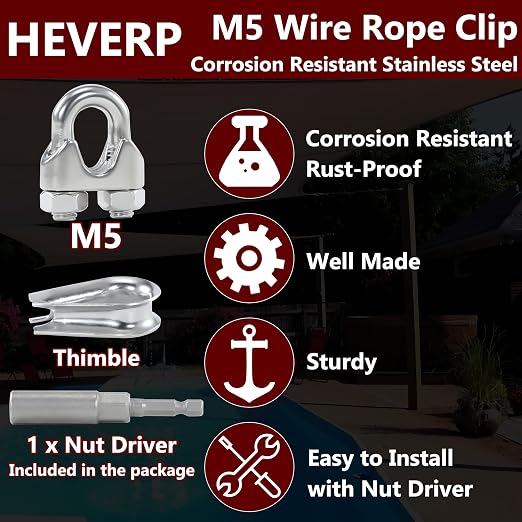 12PCS 3/16 to 1/4 Inches M5 Stainless Steel Wire Rope Clips Cable Clamp,6PCS Thimbles
