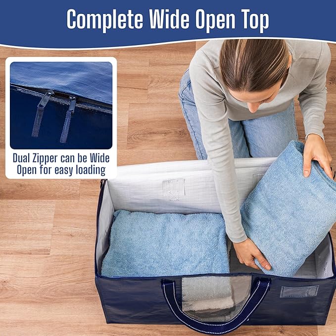 VENO 2 Pack Heavy Duty Moving Bags, Clothes and Comforter Storage Bags with Clear Window, College Dorm Essentials Packing Supplies, Foldable Boxes Alternative (Blue, 2 Pack)
