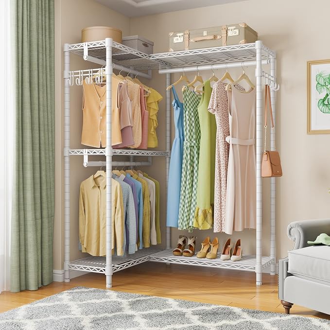 VIPEK L4 Clothes Rack L Shaped Garment Rack for Corner, 810lbs Heavy Duty Portable Closet Metal Clothing Rack, Adjustable Shelving/Sturdy Hanging Rods/Side Hooks, White