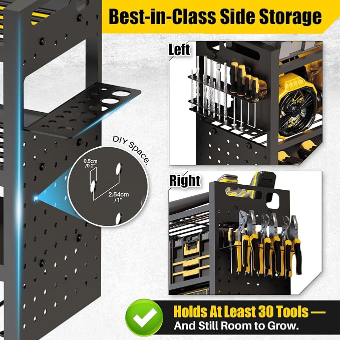 Large 49''W Power Tool Organizer Wall Mount | 620lbs Garage Storage Rack with 12 Cordless Drill Holder | 4-Tier Heavy Duty Utility Shelf for Battery Workshop Organization