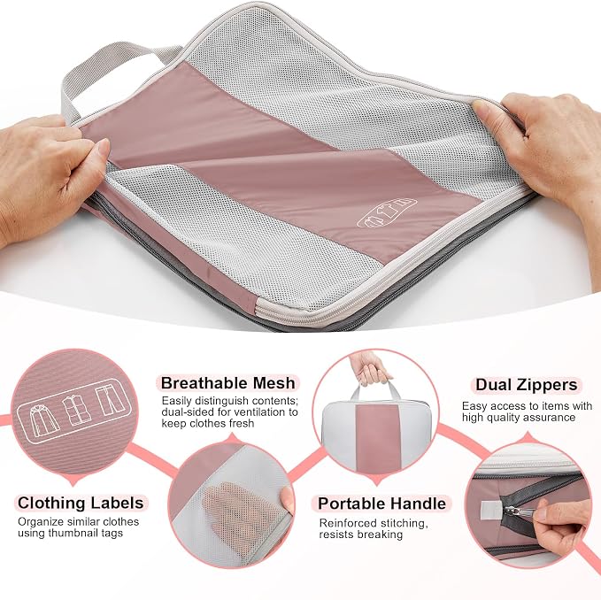OlarHike 10 Set Compression Packing Cubes for Travel Essentials,Compressible Expandable Space Saver Bags for Organizing Clothes,Luggage Suitcase Garment Bags with Over 1000 pcs Mesh Holes(Light Coral)