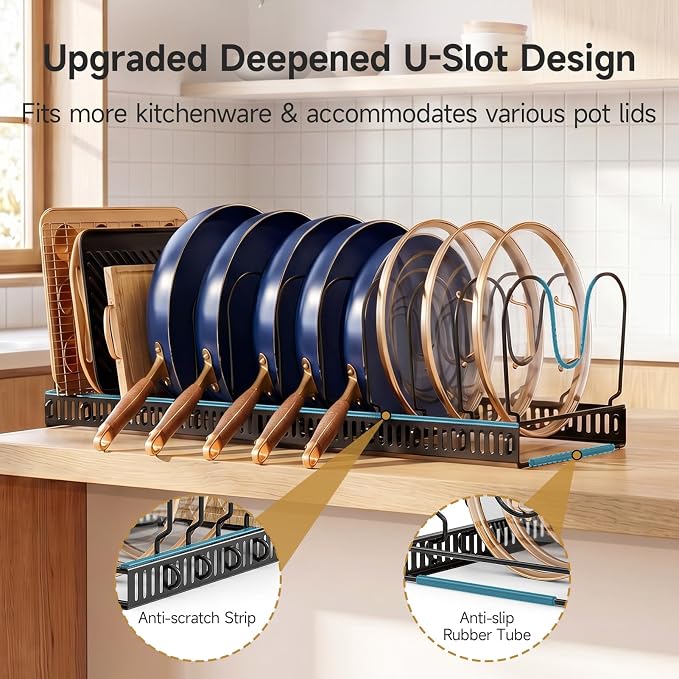 MUDEELA Pot Lids Organizer Rack for Cabinet, Expandable 11.81" to 22.85" Pot and Pan Organizer Holder with 12 Adjustable Dividers, Baking Cookie Sheet Bakeware Cutting Board Kitchen Storage Organizer