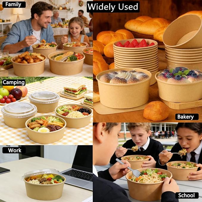25 Pack 25oz Disposable Kraft Paper Bowls with Lids and Forks, Meal Prep Containers Disposable Soup Serving Bowls Take Out Containers for Party, Microwave Safe for Hot/Cold Food (Round)