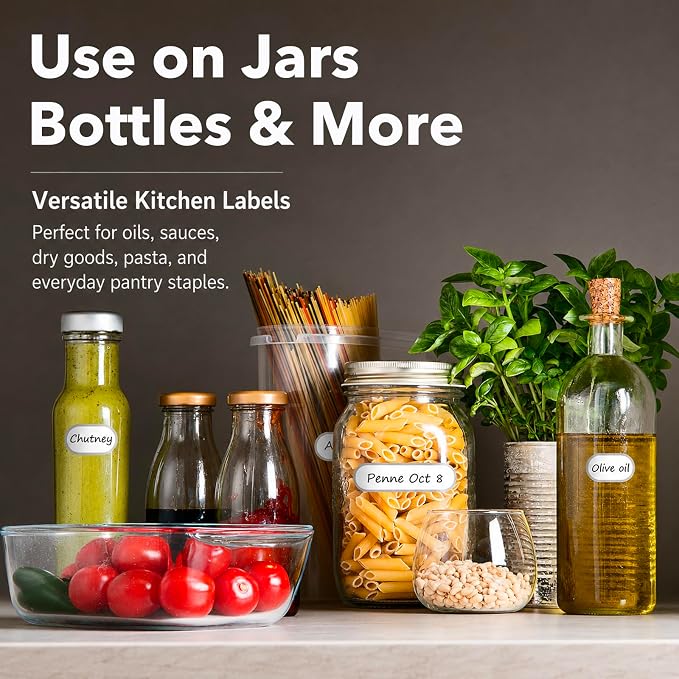 CHUBBIEE Waterproof Vinyl Kitchen Labels for OXO POP Containers, Removable Writable Food Storage Stickers, Tear-Resistant Pantry Organization Decals for Plastic, Glass Jars, 2 Sizes, 64-Pack