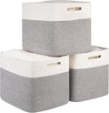 OIAHOMY Cotton Rope Woven Baskets for Organizing 3-Pack 13x15x12.6IN Closet Storage Bins for Clothes Rectangular Storage Baskets for Kids Toy Bins, Living Room Baby Nursery - White & Grey