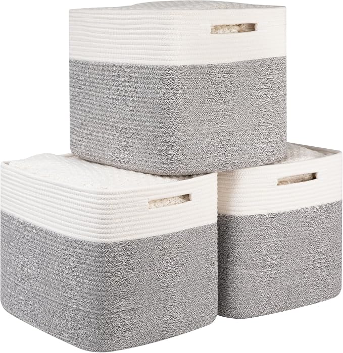 OIAHOMY Cotton Rope Woven Baskets for Organizing 3-Pack 13x15x12.6IN Closet Storage Bins for Clothes Rectangular Storage Baskets for Kids Toy Bins, Living Room Baby Nursery - White & Grey