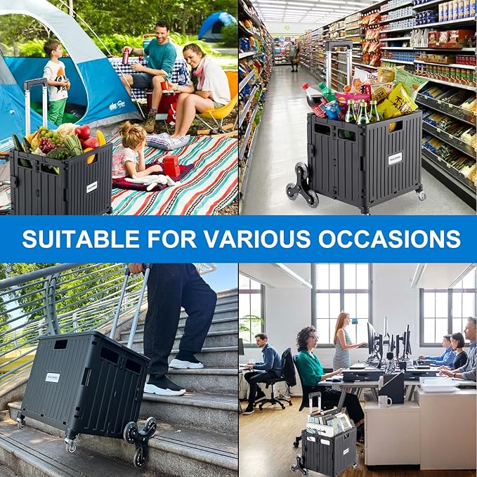 MACOPRO Foldable Utility Cart with Stair Climbing Wheels, Collapsible Rolling Crate with Telescoping Handle, Folding Shopping Trolley Handcart Grocery Book File Tool Teacher Storage Basket (Black)