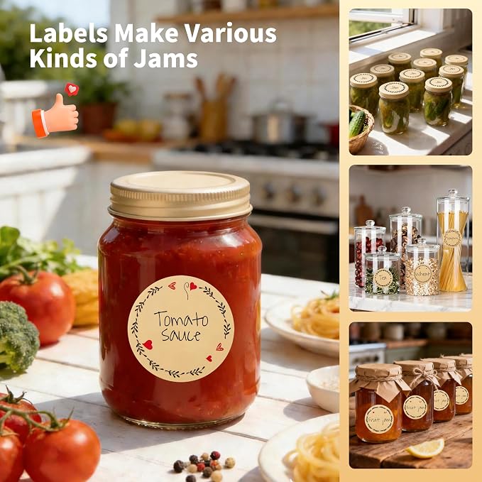 500pcs 2" Label Stickers for Jars and Lids, 6 Different Wreath Designs, Round Kraft Stickers, Canning Stickers Jam and Jelly Jar Labels, Quick-Peel Adhesive Kraft Labels for Pantry, Bottles