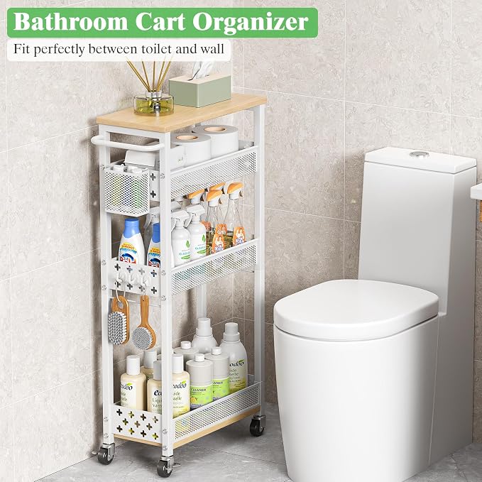 4 Tier Slim Rolling Storage Cart, Laundry Room Cart on Wheels, Small Metal Bathroom Cart Kitchen Organizer Trolley with Handle and Mesh Basket, 7.1 inch Width for Narrow Space, White