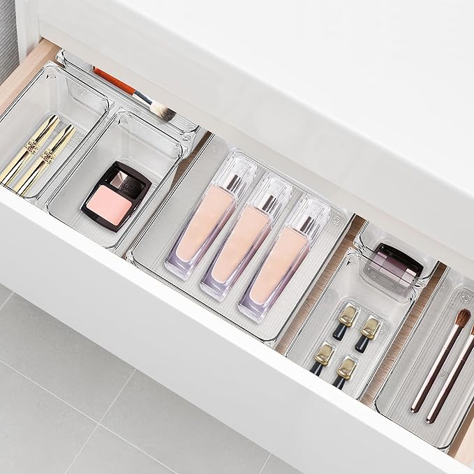 6 Pack Drawer Organizer - 6" X 9" Clear Acrylic Storage Bins with Non-Slip Pads, Versatile Desk Tray for Makeup, Jewelry, Kitchen, Bathroom, and Office Organization