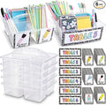 Hushee 6 Pcs Classroom Caddy Plastic Stackable Caddy Organizer with Handle 3 Compartment with 42 Label Portable Craft Basket Organization Storage for Desk Teacher Office School Supplies(Clear)