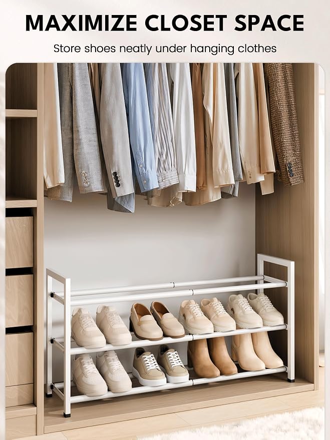 Bumusty 3-Tier Expandable Shoe Rack for Closet, 18“-33” Adjustable Shoe Rack for Small Space, Small Shoe Organizer for Front Door, Sturdy Metal, White