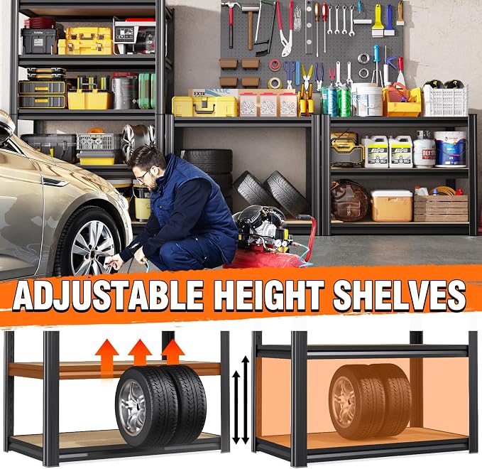 9-Pack Heavy Duty Metal Shelving Units, 71" H x 28" W x 12" D, 5-Tier Adjustable Steel Storage Racks for Garage, Warehouse, Industrial, and Home Organization, 1900 lbs Capacity