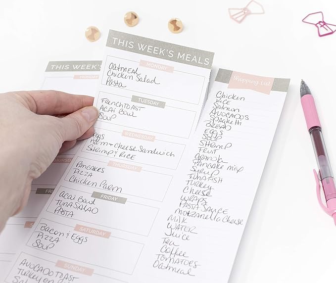 bloom daily planners Weekly Meal Planning Pad - Magnetic Hanging Refrigerator Menu Planner with Tear-Off Sheets & Perforated Grocery Shopping Lists - 6” x 9” (Grey & Pink)
