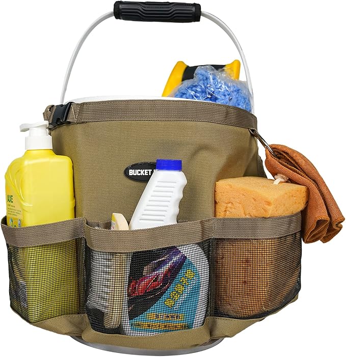 MELOTOUGH Bucket Tool Organizer for Car Wash Gardening | Durable 600D, Fit 3.5-5 Gal Buckets, Water-Resistant Material, Hold Spray Bottles Scrub Brush for Gardern