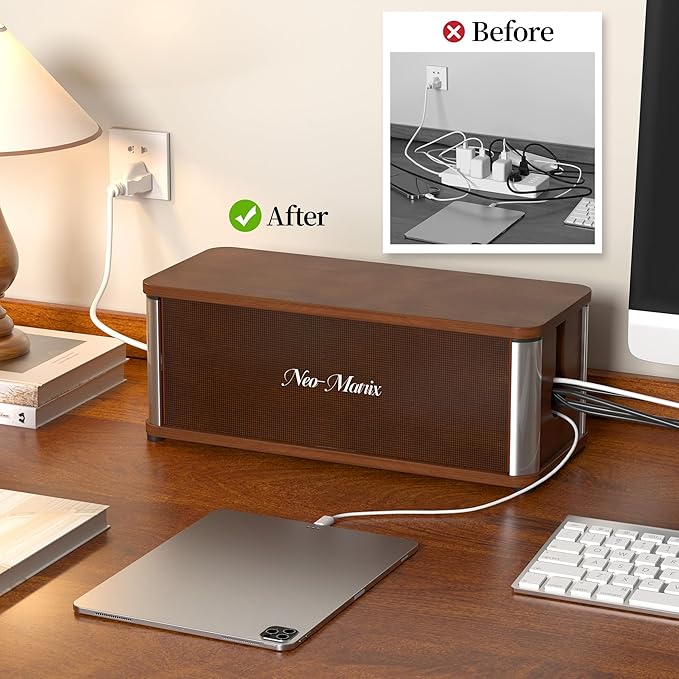 Delamu Wooden Cable Management Box, Retro-Inspired Cord Organizer Box for Home Office, Large Cord Hider Box Hides Floor Cord and Power Strips, Floor Cord Covers, 14.3" x 6.0" x 5.5", Dark Brown