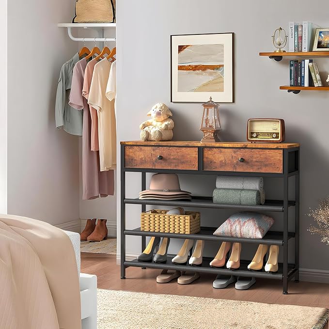 usikey Shoe Rack, 4 Tier Shoe Storage Organizer with 2 Drawers, Metal Shoe Shelf for 12-15 Pairs of Shoes, with 3 Oxford Fabric Shelves and Wooden Top, Shoe Stand for Entryway, Closet, Rustic Brown