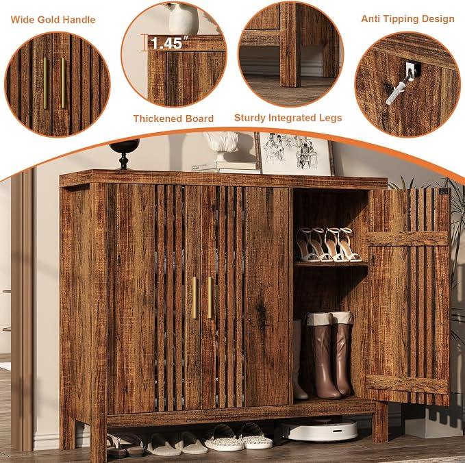 UNIQUITE Shoe Storage Cabinet with 3 Shutter Doors, 30 Pairs Shoe Cabinet with Adjustable Shelves, 5-Tier Large Shoe Rack Organizer for Entryway Hallway Living Room, Walnut
