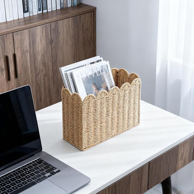 Paper Rope Magazine Holder, Tall Narrow Scalloped Basket | Handwoven Paper Rope Narrow Basket for Magazine Storage, Book basket, Mail Organizer, File Holder 15"L x 6"W x 11"H