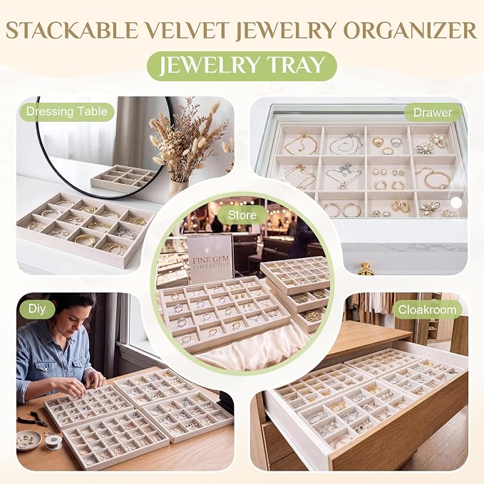 Unittype Set of 4 Stackable Jewelry Organizer Tray for Drawer Inserts Velvet Necklace Earring Bracelet Ring Holder Jewelry Display Storage Box for Bangle Stud Necklace Ring(24+12 Grid,Beige)