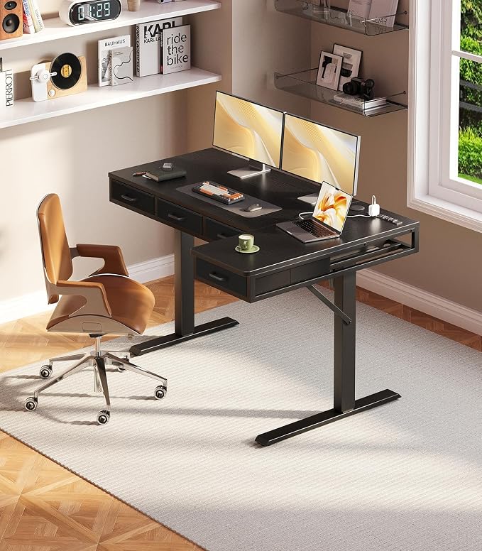 OffiGo 55 Inch L Shaped Electric Standing Desk with 4 Drawers, Black | Reversible Corner Table, Office Desk With 4 Drawers and Outlets For Home Office, Computer Workstation And Sit Stand Use