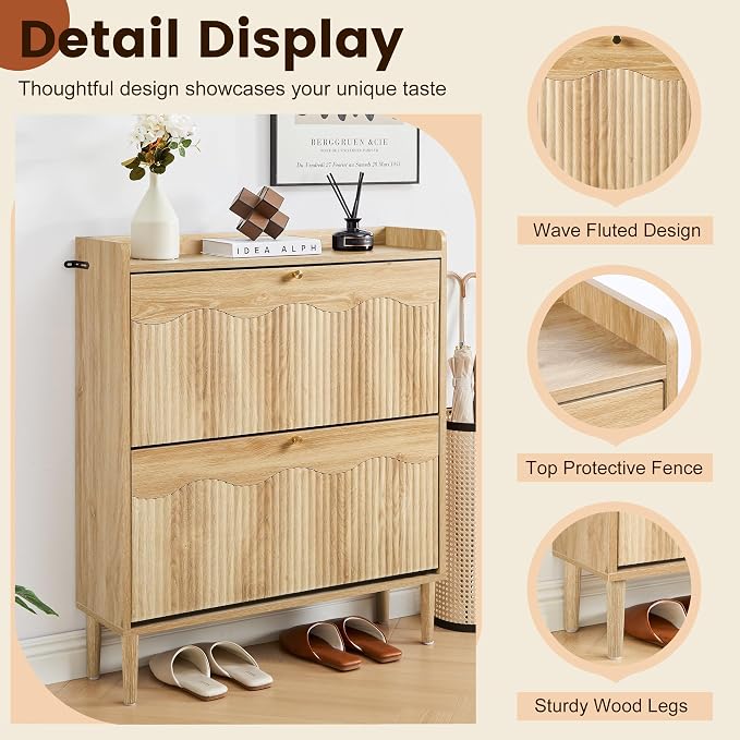 BERRYMERRY 31.5" Fluted Shoe Storage Cabinet for Entryway, 2 Flip Drawers Narrow Shoe Organizer for Hallway, Living Room