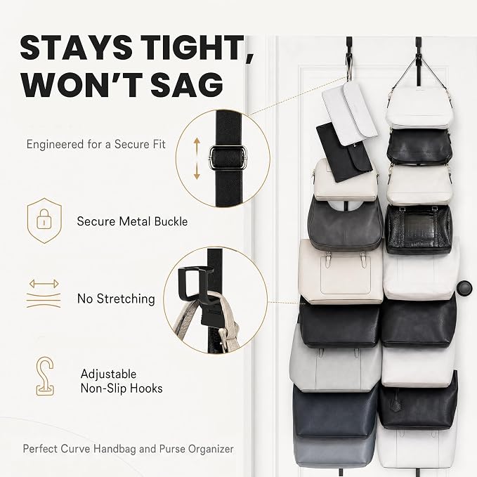 Perfect Curve Handbag and Purse Organizer, Black | Hold up to 18 Bags, Over The Door, Adjustable Clips, 2 Straps