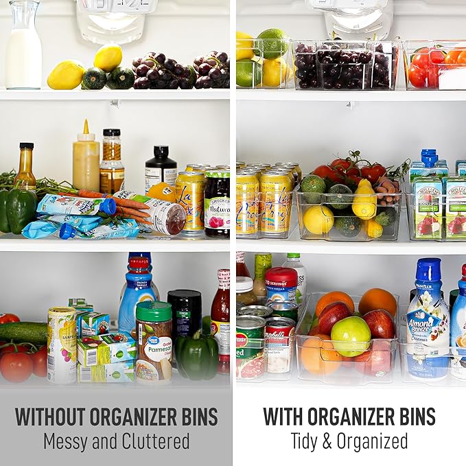 Zulay Kitchen 4 Pack Clear Refrigerator Organizer Bins - Large Fridge Organizers and Storage Containers - Transparent, BPA Free, Durable, Shatterproof