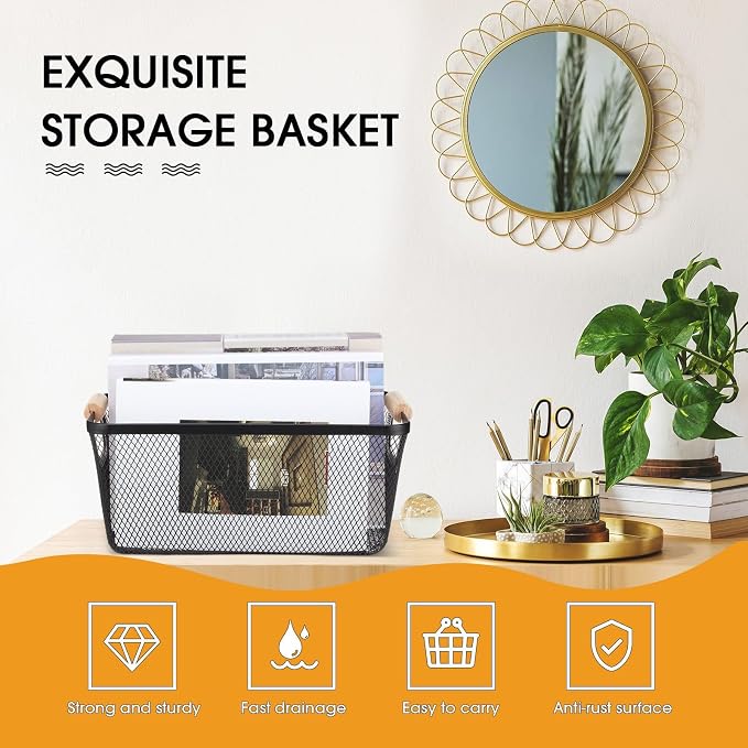 Ziliny 4 Pcs Metal Mesh Wire Baskets with Wooden Handles for Organizing, Pantry Organizers and Storage Steel Bin Kitchen Baskets for Fruit Potato Onion Snacks Bathroom Cabinet(Medium,Black)