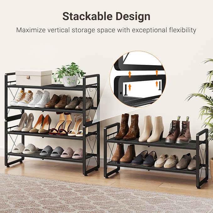 ELYKEN Shoe Rack, 4-Tier Expandable Shoe Organizer for Closet, Metal Black Shoe Shelf with 8 Hooks, Adjustable Shoe Stand Holder for Entryway, Garage, Door Entrance