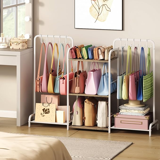 Purse Organizer with 2 Purse Hangers for Purse Storage, High-Capacity Handbag Organizer with 10 Adjustable Hooks and 3 Dividers, Purse Holder for Closet System, Purse Rack Stand for Bag Organization