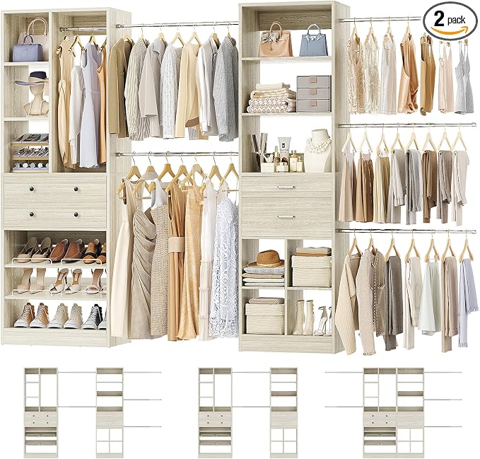 Besiost Closet System, Up to 128.6"/10.7 FT Closet Organizer with 4 Wooden Drawers and Shelves, Walk-in Closet System with 6 Hanging Rods, Built-in Closet Fit 96"/8FT, 120"/10FT, Greige Oak Set 2
