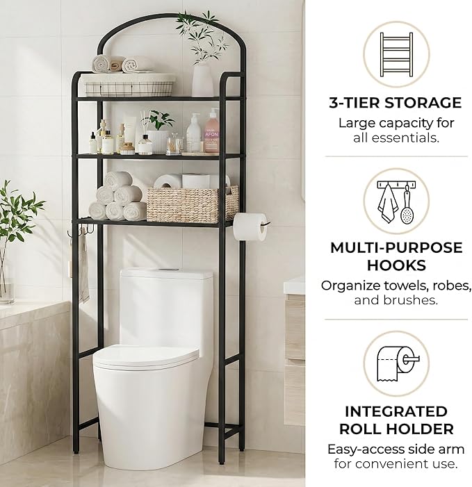 3 Tier Over The Toilet Storage Rack, Bathroom Organizer | Toilet Storage with 4 Hooks & Paper Holder, Space-Saving, Freestanding Bathroom Shelf, Metal, Black