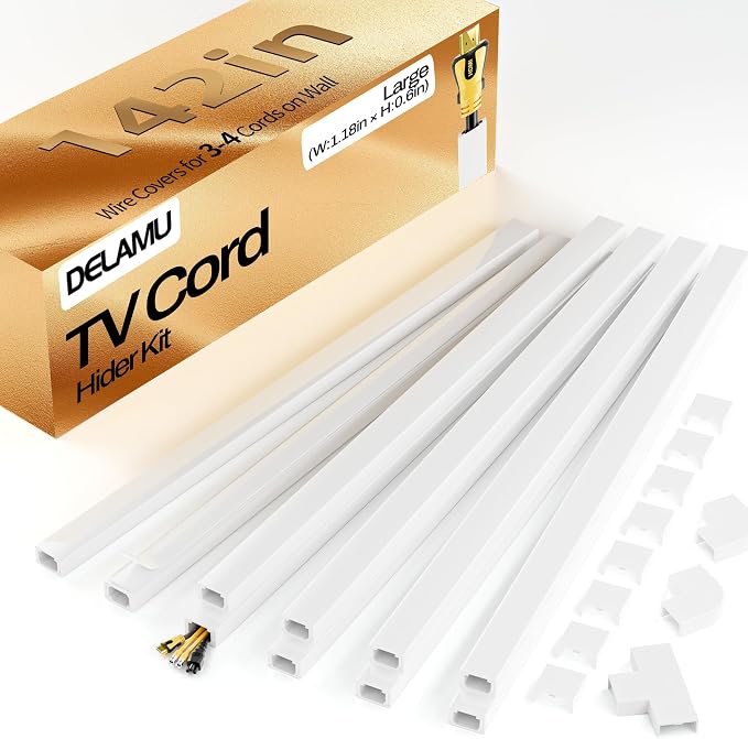 Delamu TV Cord Hider Wall, 142in Cable Hider, Large Cord Covers for 3-4 Wires on Wall, Paintable Wire Hiders Wire Covers for TV Cords on Wall, TV Cable Management Raceway, 1.18in W x 0.67in H, White