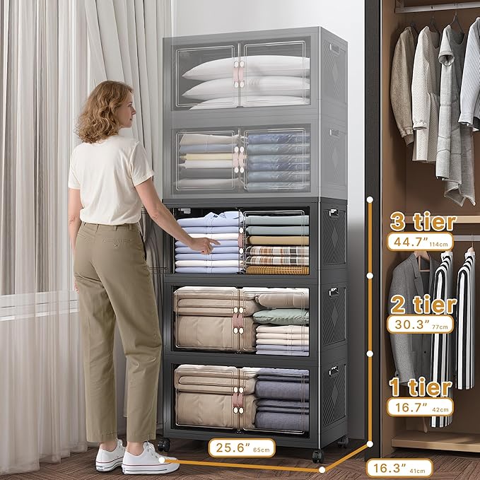 UAMFURI Extra Large Stackable Storage Bins with Lids & Wheels, Foldable Collapsible Closet Organizers Dark Storage Cabinet with Doors for Bedroom Dorm