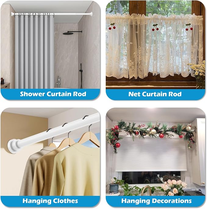 Spring Curtain Rod 33 to 56 Inch Adjustable White Curtain Rod No Drilling Non-Slip Expandable Tension Rod for Window, Doorway, Closet, Door, Wardrobe