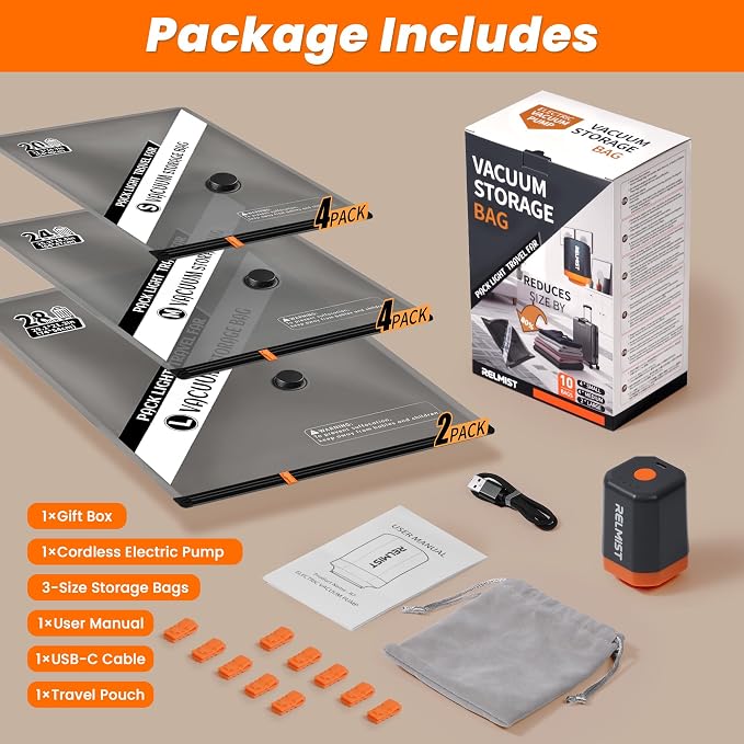 10 Pack Travel Vacuum Storage Bags with Portable Cordless Electric Pump | Vacuum Seal Bags for Clothing & Suitcase, Ideal for Business Trips, Cruise Vacations, RV Life, and Seasonal Storage.