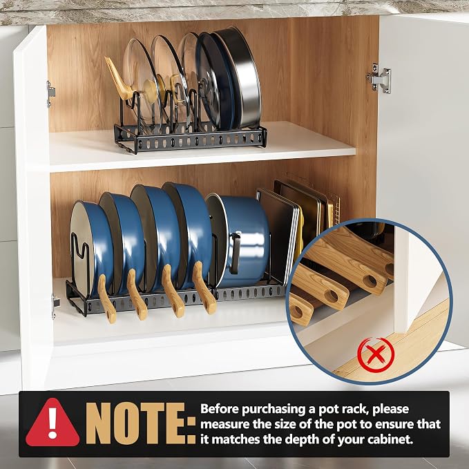 3 Pack Expandable Pan Organizer for Cabinet, Pot and Pan Organizer Under Cabinet Lid Holder Rack with 14 Adjustable Compartment for Kitchen Cabinet Cookware Baking Frying Rack, Black