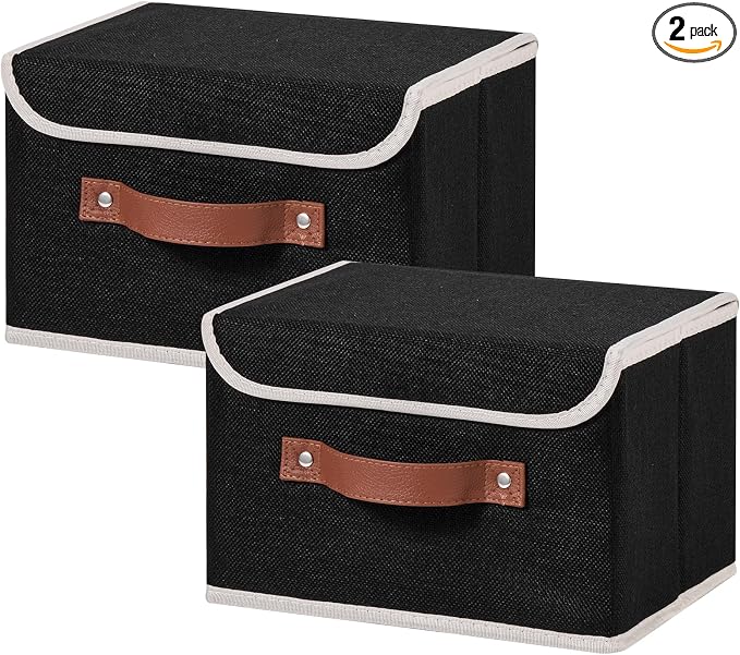 2PCS Storage Bins Box with Lids Decorative Cotton Linen Fabric Baskets Cubes with Handles PP Plastic Board Foldable Washable Lidded Clothing Shelf Closet Organizer Container (Black, Small)