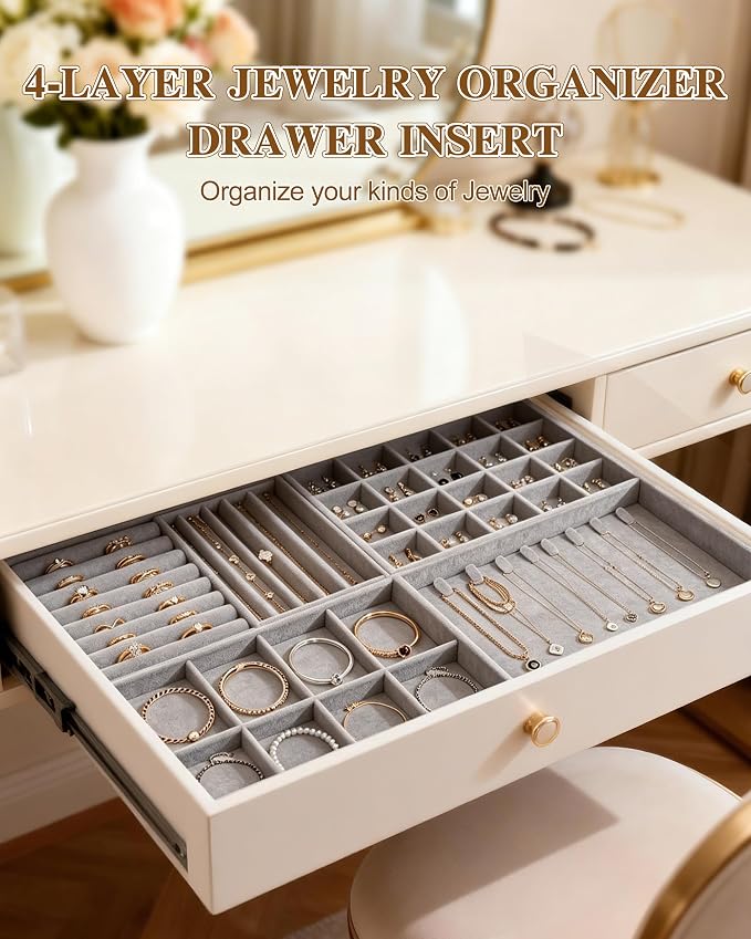 Velvet Jewelry Drawer Organizer Tray Set, 4-Layer Stackable Storage with Removable Dividers for Earrings Rings Necklaces Bracelets (Grey, 4 Layers)