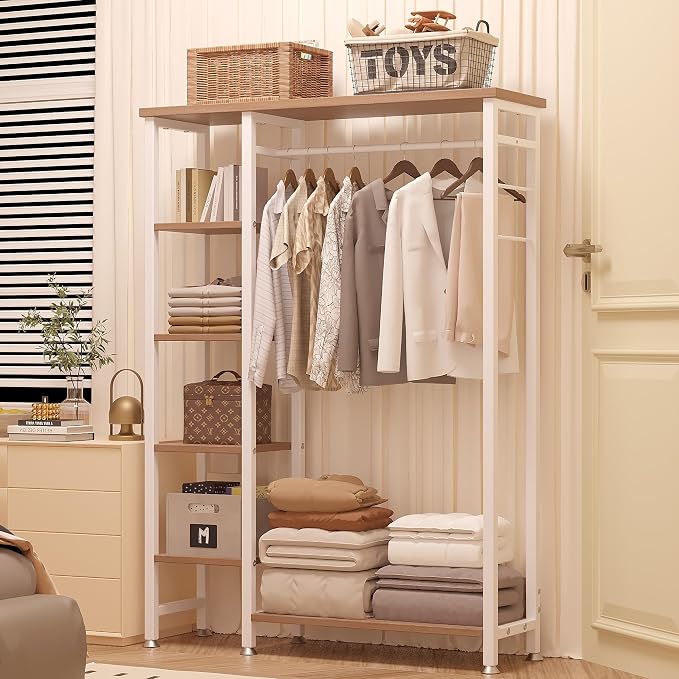 VECELO Open Garment Clothing Rack, Free-Standing Heavy Duty Storage Closet with 5 Shelves and Hanging Rod for Small Spaces, Max Load 350LBS, Nature White