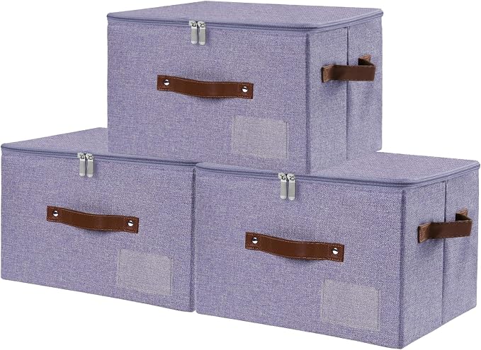 ANMINY Fabric Storage Box Bins with Zipper Lid, Washable Purple, 3PCS | Cotton Linen Fabric, PP Board Frame, Label Holder, Stackable & Foldable, PU Handles, Dual-Zipper 3-Side Open Lid, Medium