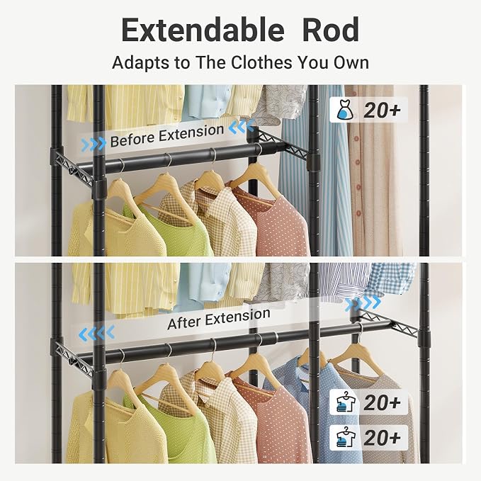 VIPEK V50 Basic Expandable Clothes Rack, Heavy Duty Closet System, Black | Freestanding, 5 Hanging Rods (2 Extendable), 6 Wire Shelves, for Bedroom or Walk-In/Reach-In Closet Storage, 1200 lb Capacity