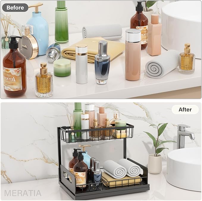 Under Sink Organizer 2 Tier, Pull Out Drawer Slides Under Sink Storage for Bathroom Kitchen,Multi-Purpose Drawer Under Cabinet Organizer for Cleaning Supplies (Black, 2 Pack)