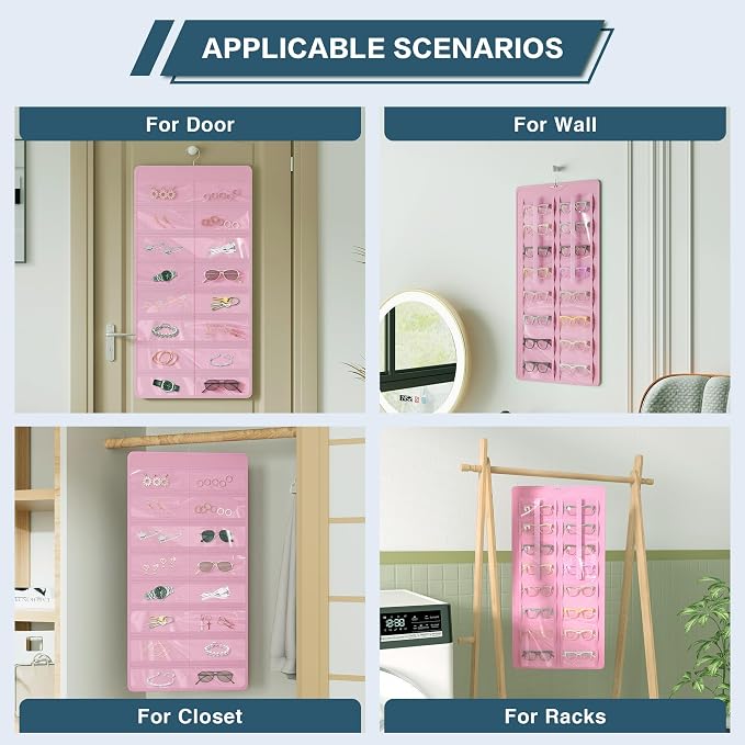 Hanging Sunglasses Organizer and Storage, 32 Slots Jewelry Holder, Pink | Protect eyewear from dust with double-sided clear compartments; roof design hangs on wall, door or closet for home/RV travel.