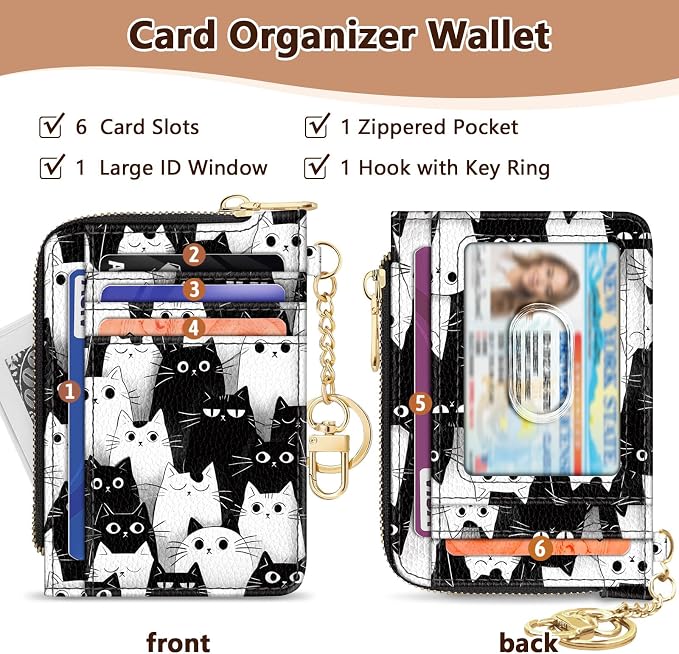 GIANCOMICS Slim Wallet Credit Card Holder Women, Cats Rfid Blocking Small Card Case, Keychain Thin Pocket Curved Zipper Wallet, Travel Card Holder PU Leather ID Window, Ladies Female Gifts