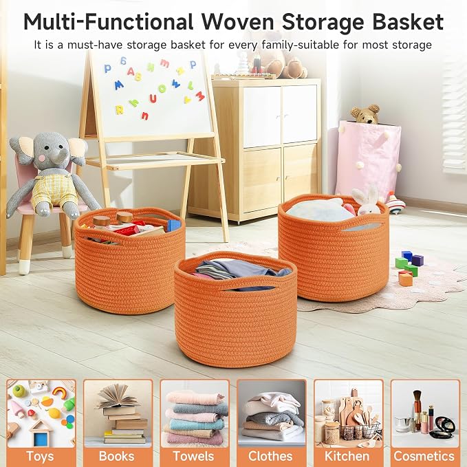 Small Rope Baskets for Storage, Baskets for Gifts Empty, Cute Round Woven Basket, Decorative Shelf Baskets 9.82×9.82×7.1", Cotton Toy Basket Storage Bins for Organizer 3 Packs-Orange