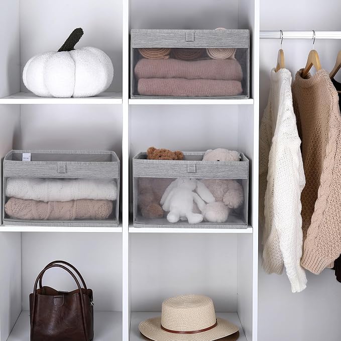 WUIKE Closet Storage Bins with Clear Window, Fabric Organizer Baskets with Handles, Foldable Linen Closet Organizers and Storage for Shelves, Light Gray, Large, 3 Pack